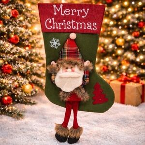 Handmade Christmas Stocking Farmhouse Santa Plaid & Fur Felt & Canvas 17"